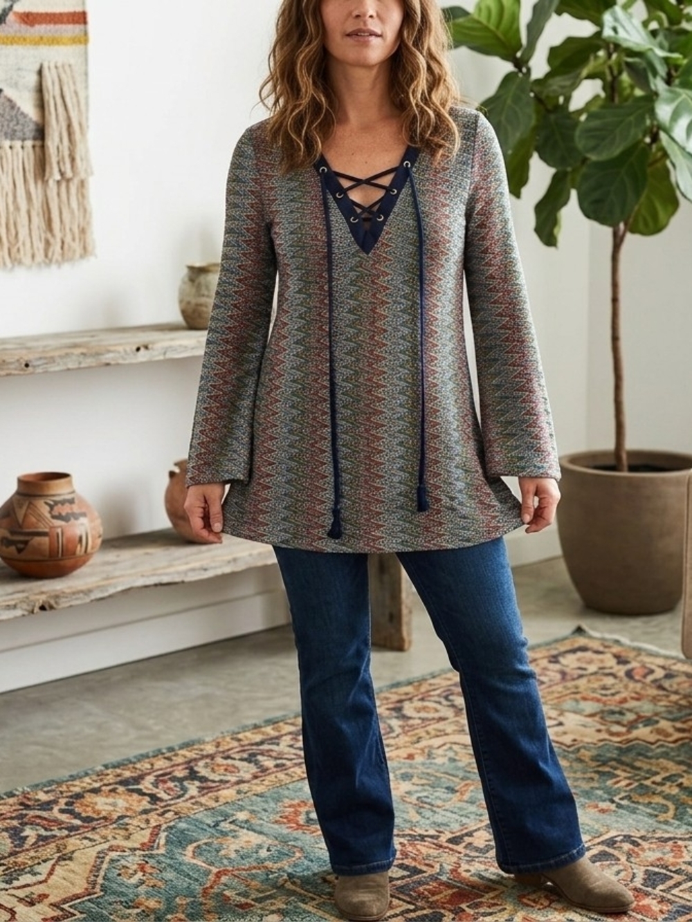 Umgee Multicolor Knit Lace-Up Tunic Top